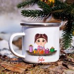 Personalized Cute Cartoon Reindeer Elf Girl Boy Receiving Gift Box 11oz Enamel Mug with Name Birthday Christmas Gift for Kids