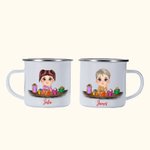 Personalized Cute Cartoon Reindeer Elf Girl Boy Receiving Gift Box 11oz Enamel Mug with Name Birthday Christmas Gift for Kids