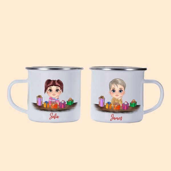 Personalized Cute Cartoon Reindeer Elf Girl Boy Receiving Gift Box 11oz Enamel Mug with Name Birthday Christmas Gift for Kids
