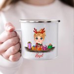 Personalized Cute Cartoon Reindeer Elf Girl Boy Receiving Gift Box 11oz Enamel Mug with Name Birthday Christmas Gift for Kids