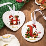 Personalised Cartoon Character Santa Hat Initial Ceramic Ornament with Name Christmas Gift for Family Friends