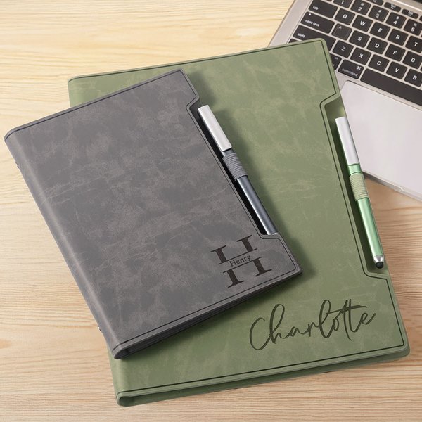 Personalised Engraved Monogrammed Leather Refillable Binder Notebook and Pen Set with 160 Lined Pages Birthday Gift for Family Friend Business Staff