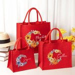 Personalised Birth Flower Wreath Large Capacity Red Jute Gift Tote Bag With Name Christmas Birthday Party Gift For Women Girls