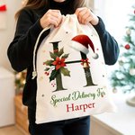 Personalized Bell Holly Santa Hat Initial Drawstring Canvas Gift Bag with Name and Text Christmas Party Gift for Family Kids