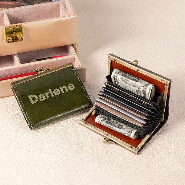 Henkilökohtainen Vintage Vedenpitävä naudannahka Kiss Lock Compact lompakko 11 kortin haltijat ja kaiverrettu nimi syntymäpäivälahja naisille