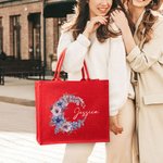 Personalised Birth Flower Wreath Large Capacity Red Jute Gift Tote Bag With Name Christmas Birthday Party Gift For Women Girls