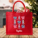 Personalised Bow Nutcracker Red Reusable Jute Tote Bag with Name Birthday Christmas Party Gift for Friend Family