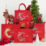 Personalised Birth Flower Wreath Large Capacity Red Jute Gift Tote Bag With Name Christmas Birthday Party Gift For Women Girls