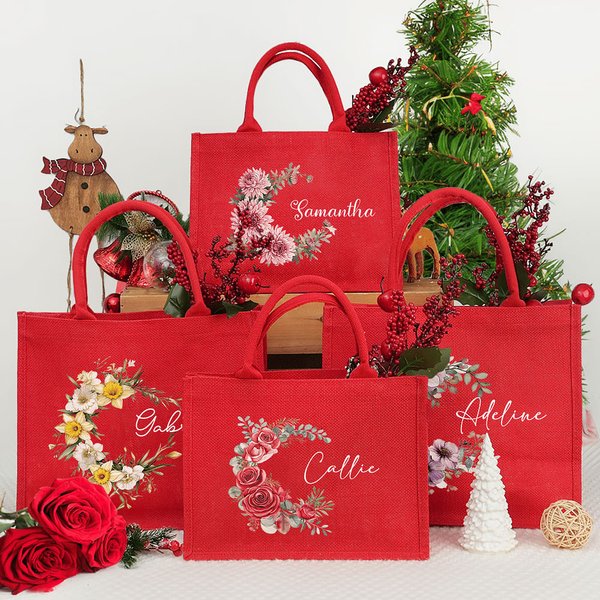Personalized Birth Flower Wreath Large Capacity Red Jute Gift Tote Bag With Name Christmas Birthday Party Gift For Women Girls