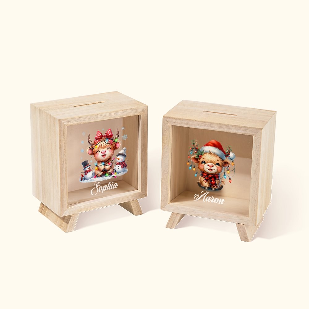 Tirelire en bois personnalisée Vache des Highlands avec bonnet de Père Noël Cadeau de Noël pour garçons filles