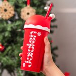 Personalised Christmas Snow Sweets Cane Name 20oz Cup with Matching Santa Hat Lid and Straw Christmas Eve Box Fillers Holiday Party Gift for Family