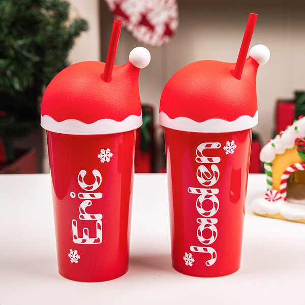 Personalised Christmas Snow Sweets Cane Name 20oz Cup with Matching Santa Hat Lid and Straw Christmas Eve Box Fillers Holiday Party Gift for Family