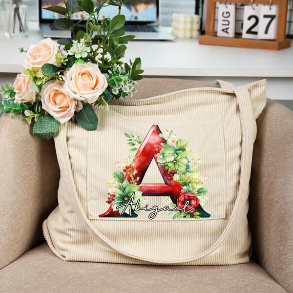 Personalized 3D Floral Initial Large Corduroy Tote Bag with Name and Handle for Casual Shopping Work Christmas Gift for Women