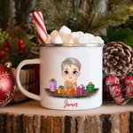 Personalized Cute Cartoon Reindeer Elf Girl Boy Receiving Gift Box 11oz Enamel Mug with Name Birthday Christmas Gift for Kids