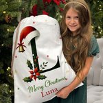 Personalized Bell Holly Santa Hat Initial Drawstring Canvas Gift Bag with Name and Text Christmas Party Gift for Family Kids