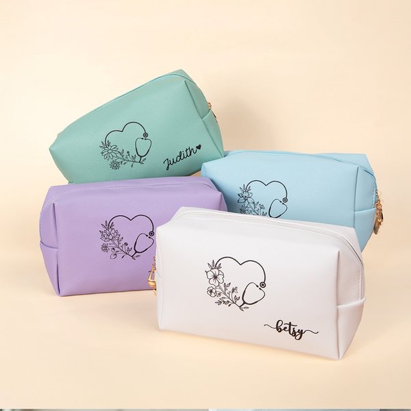 Personalised Birth Flower Stethoscope Design Leather Makeup Bag with Name Portable Travel Essentials Birthday Gift for Nurse Medical Staff