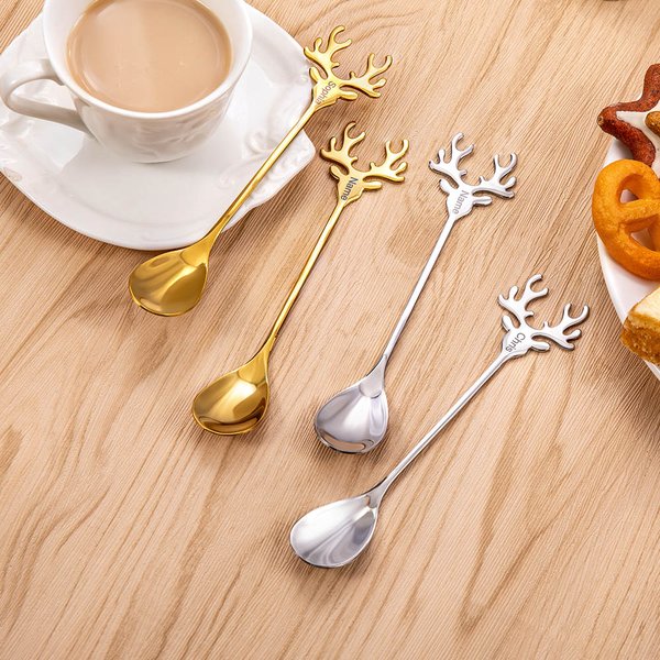 Cuchara de Té Personalizada de Acero Inoxidable con Forma de Reno 2 Piezas con Nombre Grabado Regalo Navideño de Decoración para la Familia