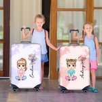 Personalized World Map Birth Flower Cartoon 18-32 Inches Luggage Protective Cover with Name Travel Accessories Birthday Gift for Women Men Girls