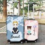 Personalized World Map Birth Flower Cartoon 18-32 Inches Luggage Protective Cover with Name Travel Accessories Birthday Gift for Women Men Girls