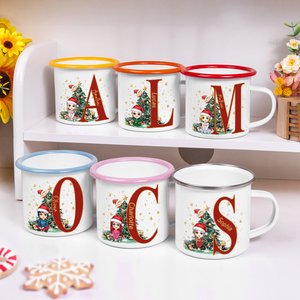 Personlig julgran tecknad karaktär Initial 12oz emaljmugg med namn födelsedag julklapp för barn