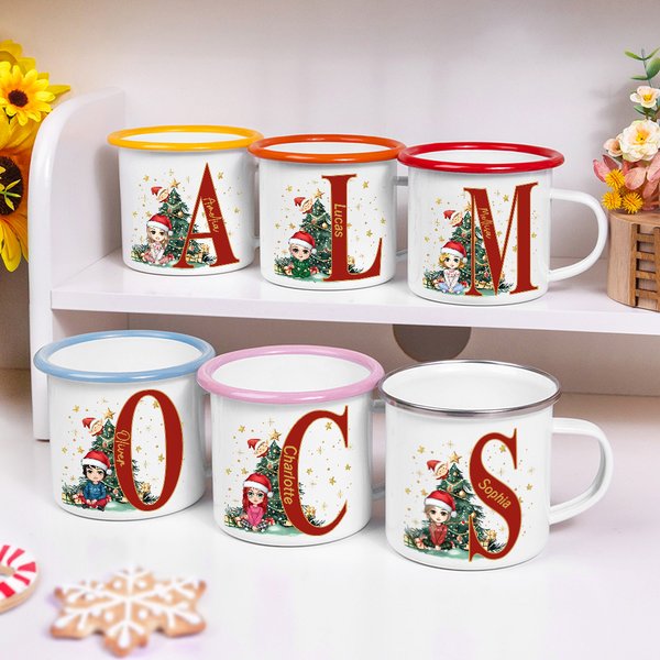 Henkilökohtainen joulukuusi sarjakuvahahmo Initial 12oz emali kuppi nimi syntymäpäivä joululahja lapsille