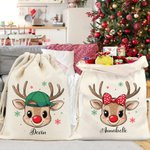 Personalized Reindeer Snowflake Sack Drawstring Treat Bag with Name Christmas Party Favor Gift for Kids Family