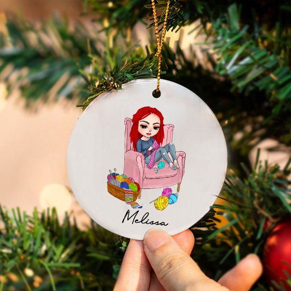 Personalized Cartoon Crochet Girls Ceramic Ornament with Name Christmas Tree Decor Birthday Gift for Knitting Crocheting Lover