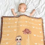 Personalized Birth Flower Cute Cartoon Character Fringed Soft Throw Blanket with Name Home Decor Birthday Christmas Gift