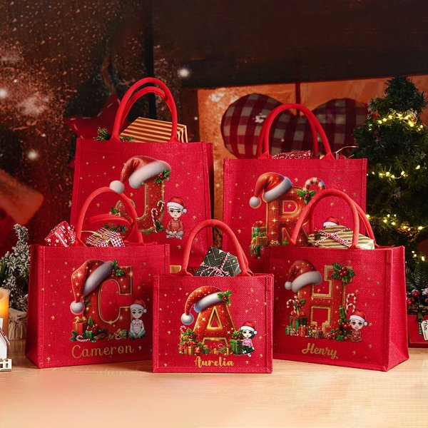Personalizada Holly Santa Hat Inicial Cartoon Personaje Rojo Bolsa de yute de regalo con nombre Cumpleaños Regalo de Navidad para los niños de la familia