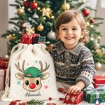 Personalized Reindeer Snowflake Sack Drawstring Treat Bag with Name Christmas Party Favor Gift for Kids Family