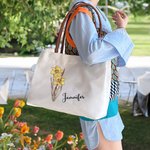 Personalised Birth Flower Canvas Name Tote Bag with Button Shopping Accessory Birthday Gift for Women Besties