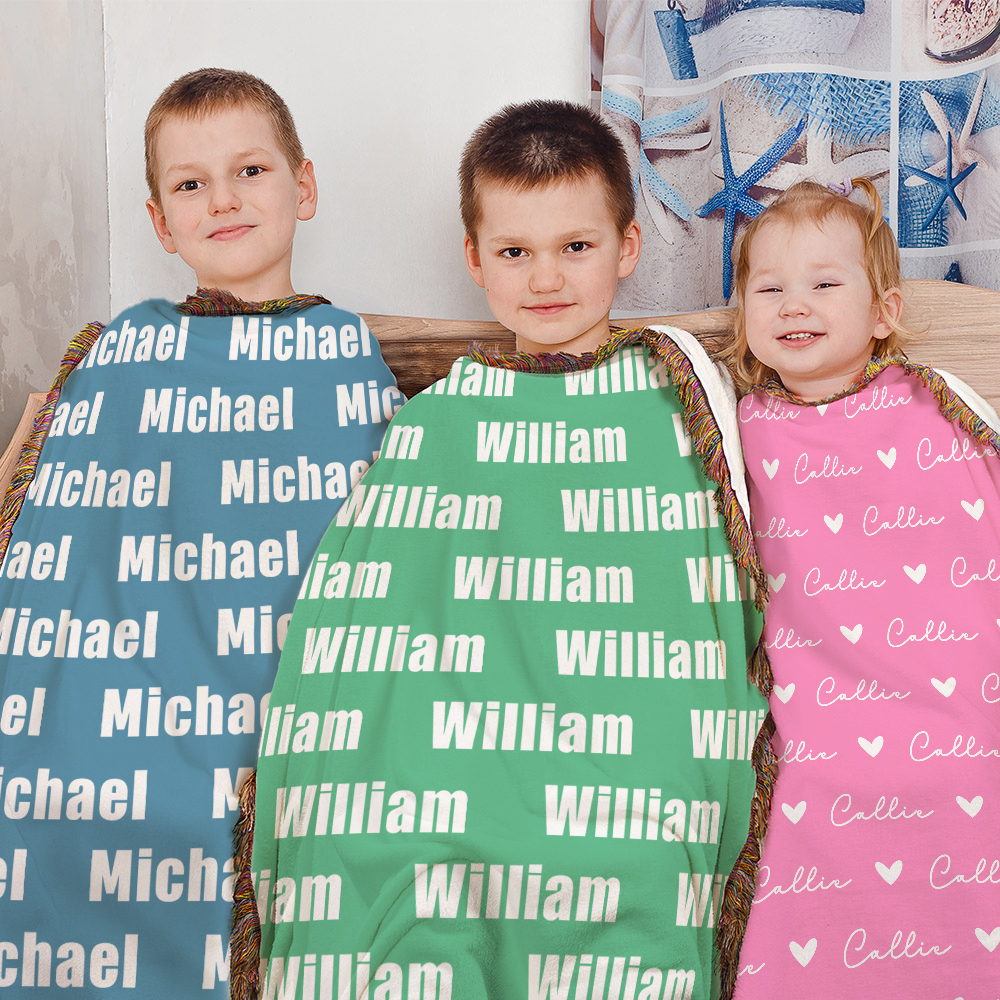 Couverture personnalisée à franges en forme de nuage de mots multicolores avec noms Cadeau d'anniversaire et de Noël pour les enfants et la famille