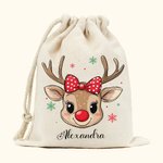 Personalized Reindeer Snowflake Sack Drawstring Treat Bag with Name Christmas Party Favor Gift for Kids Family