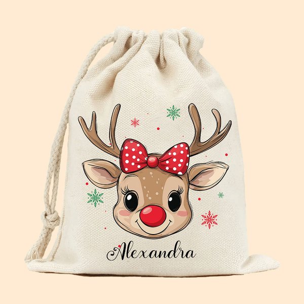 Personalized Reindeer Snowflake Sack Drawstring Treat Bag with Name Christmas Party Favor Gift for Kids Family