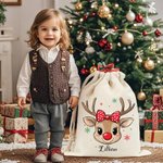 Personalized Reindeer Snowflake Sack Drawstring Treat Bag with Name Christmas Party Favor Gift for Kids Family