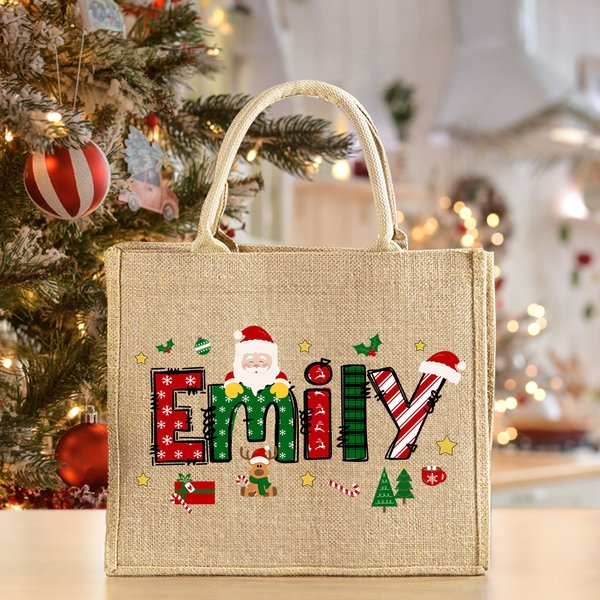 Personalised Cute Santa Christmas Theme Letters Reusable Jute Tote Bag with Name Christmas Holiday Gift for Kids Family