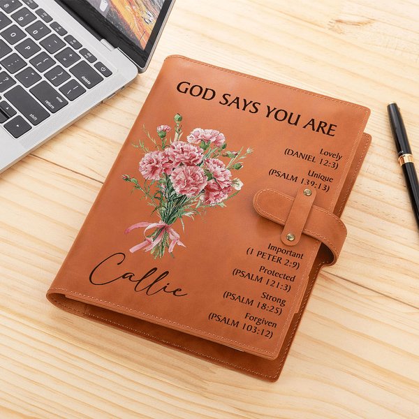 Personalized God Says You Are Bible Birth Flower Portable A5 Leather Notebook Cover with Pocket Birthday Inspirational Gift for Women Students