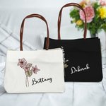 Personalised Birth Flower Canvas Name Tote Bag with Button Shopping Accessory Birthday Gift for Women Besties