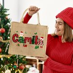 Bolsa de yute reutilizable personalizada con el nombre de Papá Noel y las letras navideñas para regalar a los niños.