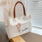 Personalised Birth Flower Canvas Name Tote Bag with Button Shopping Accessory Birthday Gift for Women Besties