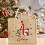Gepersonaliseerde schattige kerstmuts sneeuwpop sneeuwvlok grote jute draagtas met initiaal en naam Festival kerstcadeau voor familie kinderen