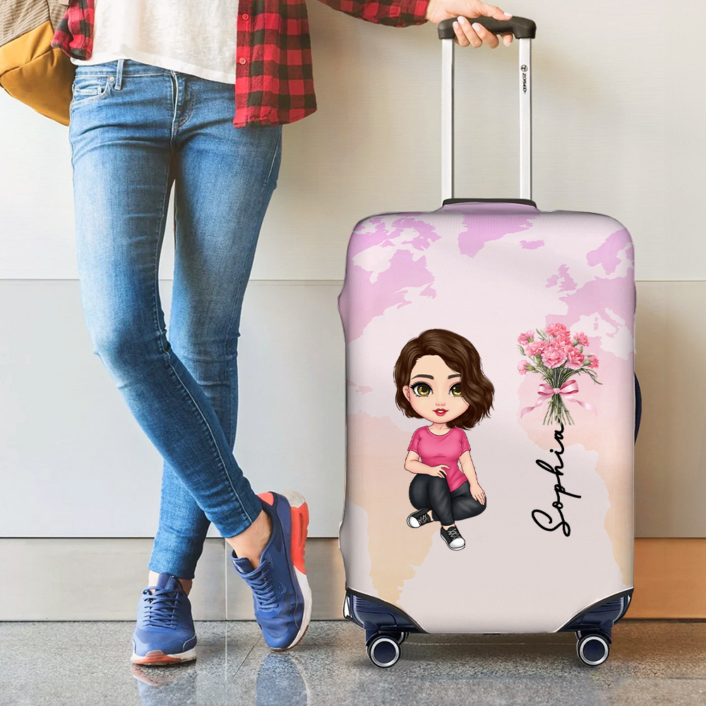 Carte du Monde Personnalisée Fleur de Naissance Dessin Animé 18-32 Pouces Housse de Bagage avec Nom Accessoires de Voyage Cadeau d'Anniversaire pour Femmes Hommes Filles