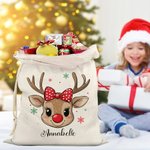 Personalized Reindeer Snowflake Sack Drawstring Treat Bag with Name Christmas Party Favor Gift for Kids Family