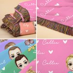 Personalized Birth Flower Cute Cartoon Character Fringed Soft Throw Blanket with Name Home Decor Birthday Christmas Gift