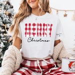 Personalised Multicolor Plaid Merry Christmas Unisex T-shirt Sweatshirt Hoodie with 1-6 Names Christmas Holiday Gift for Family