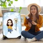 Personalized World Map Birth Flower Cartoon 18-32 Inches Luggage Protective Cover with Name Travel Accessories Birthday Gift for Women Men Girls