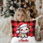 Personalised Christmas Lights Cute Highland Cow Design Plaid Throw Pillow Cover with Name Home Decor Christmas Gift for Kids Family
