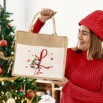 Personalised Cute Santa Hat Snowman Snowflake Initial Large Jute Tote Bag with Name and Canvas Pocket Festival Christmas Gift for Family Kids