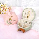 Personalised Birth Flower Name Wreath Cartoon Portable Leather Travel Jewellery Case with Handle Birthday Bridesmaid Mother's Day Gift for Women