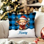 Personalised Christmas Lights Cute Highland Cow Design Plaid Throw Pillow Cover with Name Home Decor Christmas Gift for Kids Family